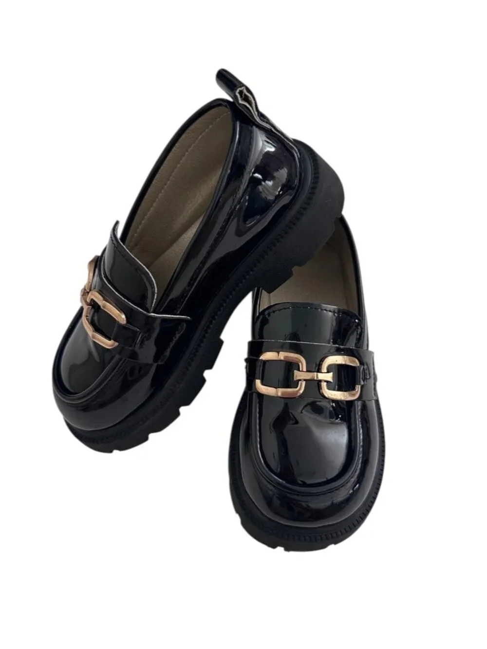 Zara Kids Black Patent Chunky Loafers Gold Buckle Size 30 (US 12)